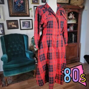Vintage 80s Sunshine Starshine Red Plaid Shirt Dress‎ Button Front Pockets 12